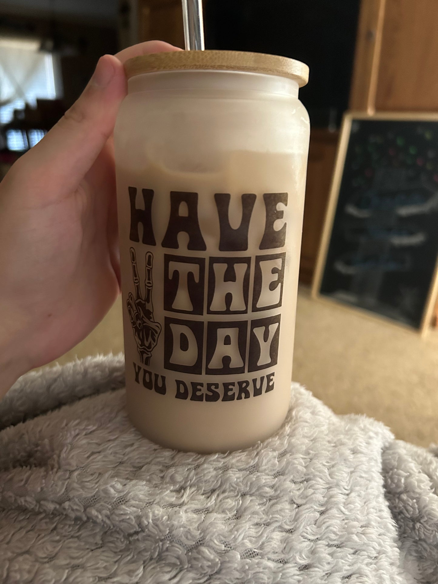 Personalized 16 oz beer cans with bamboo lid and straw